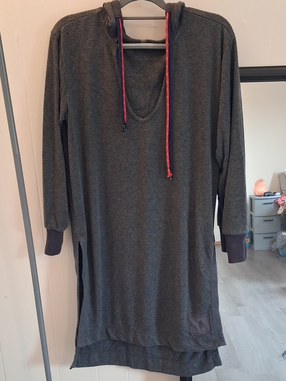 FP Movement Charcoal Gray Hooded Sweatshirt Dress Tunic Side Slits Thumb Holes